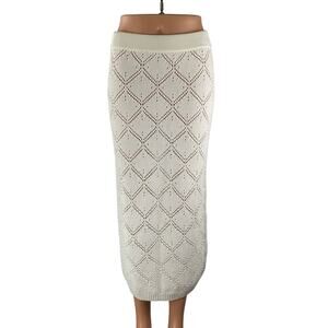 Women's White Ivory Argyle Open Knit Pencil Cover Up Sweater Midi Skirt Size S